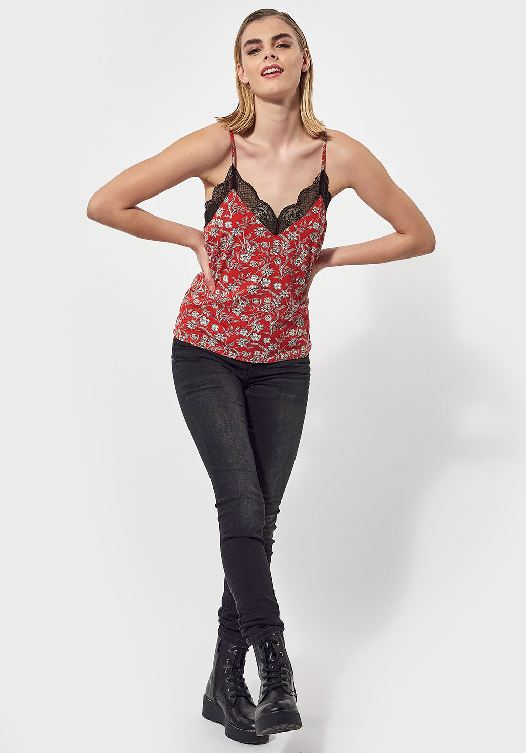 TINA  Top régular rouge femme imprimé fleuri et dentelle