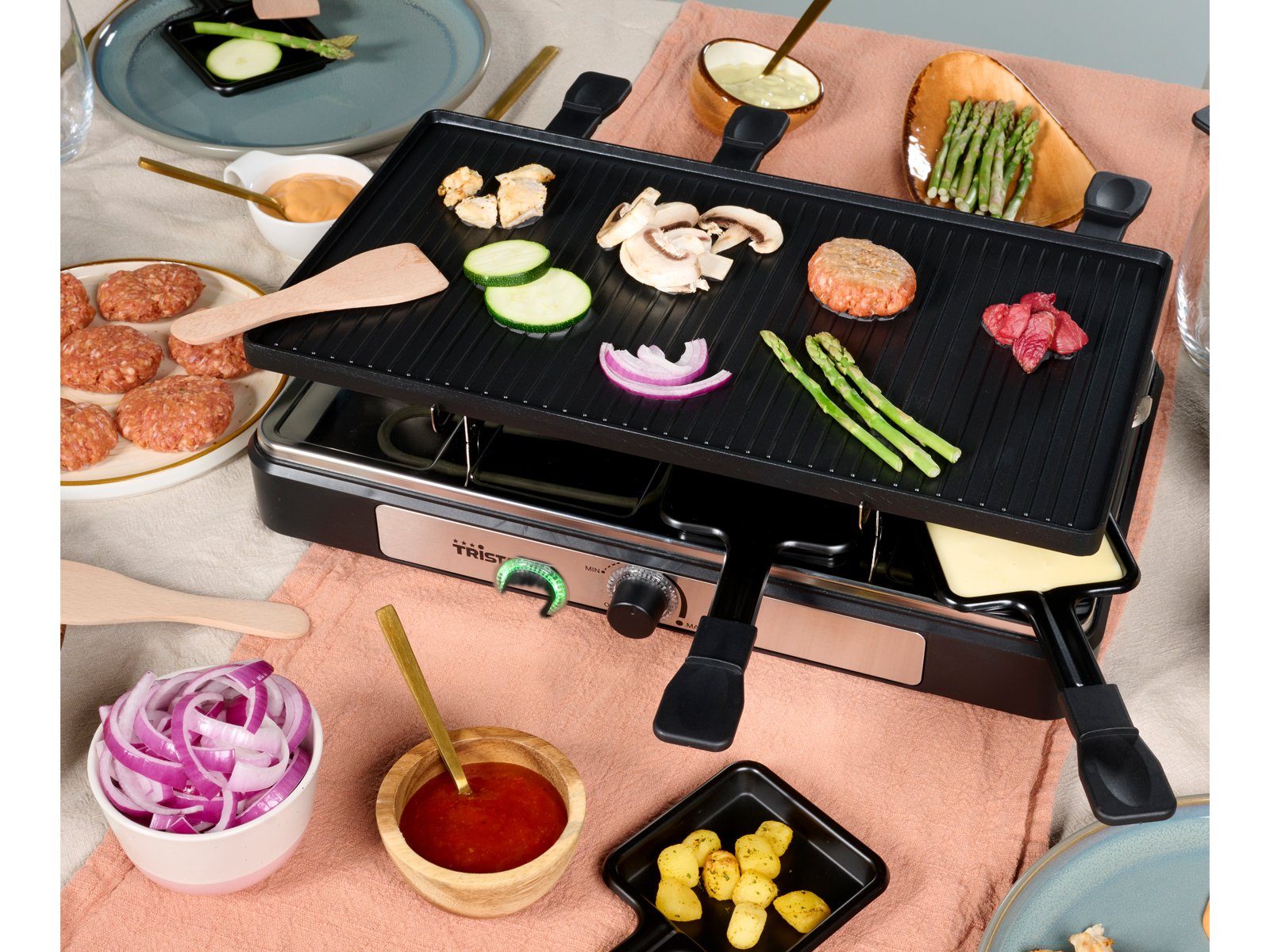 Tristar Raclette, 1400 W, Gerät für 2-8 Personen Tischgrill Grillplatte wendbar Camping geeignet