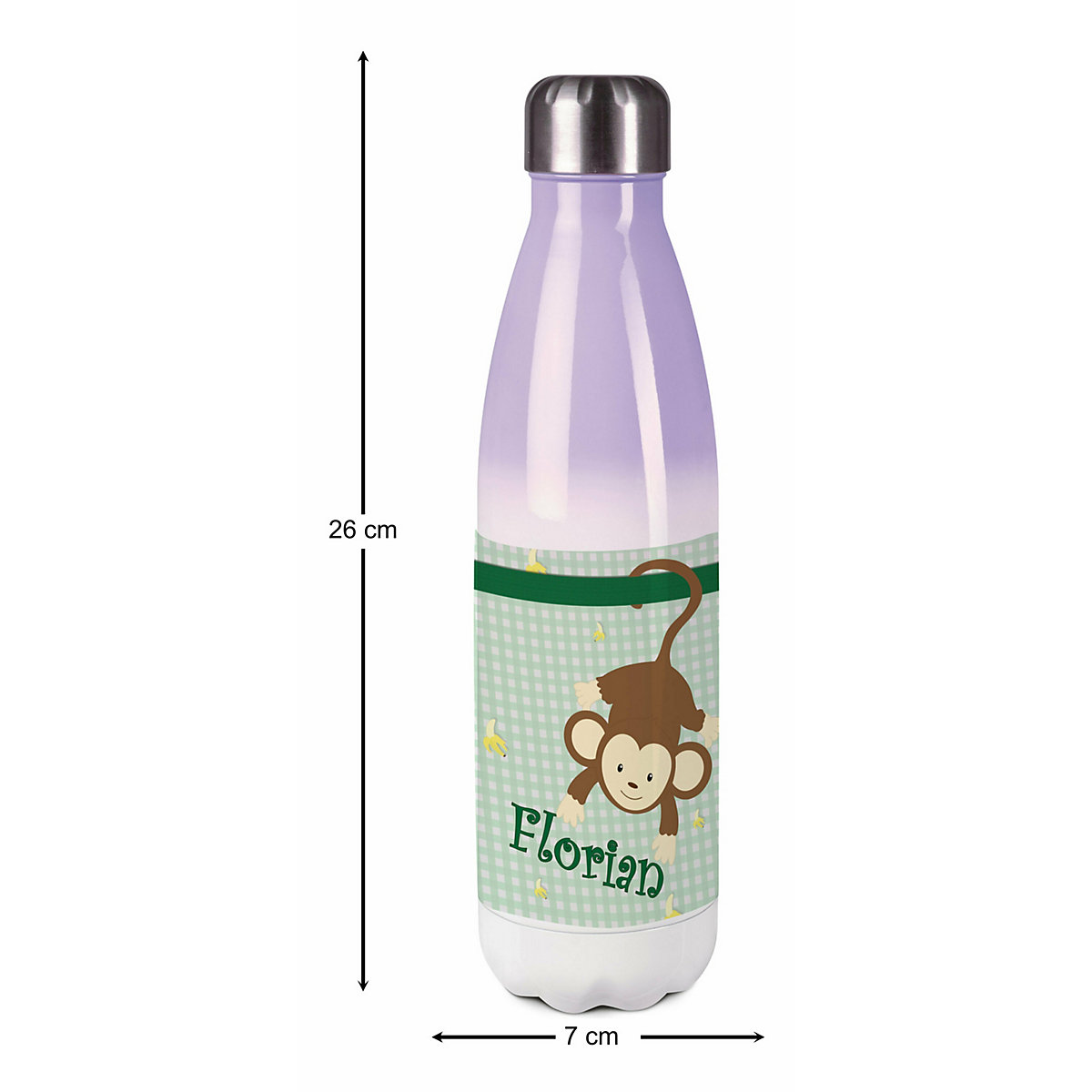 Edelstahl Kinder Thermoflasche / Trinkflasche bunt Affe hängend Farbe grün Spülmaschinenfest, Auslaufsicher, Bruchfest, Doppelwandig, Für Heißgetränke geeignet, Mit Deckel, Isoliert