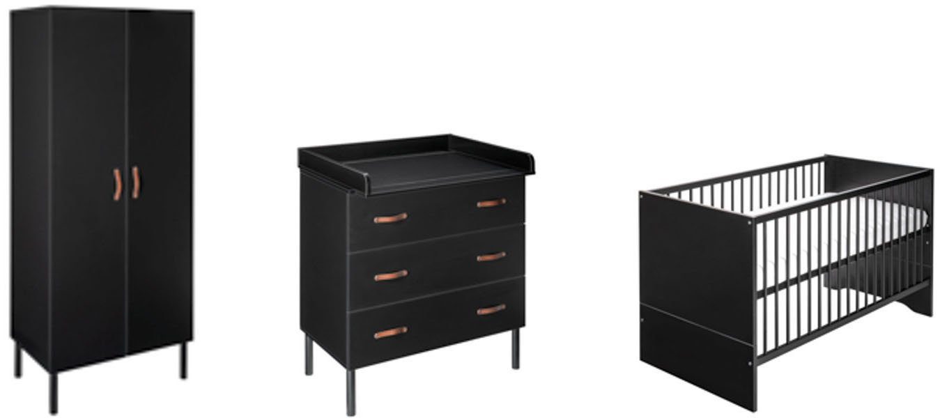 Schardt Babyzimmer-Komplettset Camiel Black, (Set, 3-St., Kinderbett, Schrank, Wickelkommode), mit Kinderbett mit Umbauseiten, 2-trg. Schrank und Wickelkommode