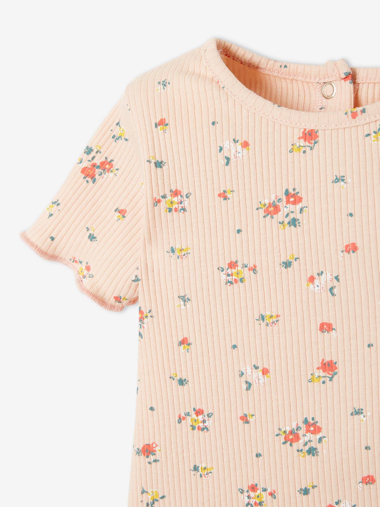 T-shirt à fleurs en maille côtelée bébé rose grisé imprimé