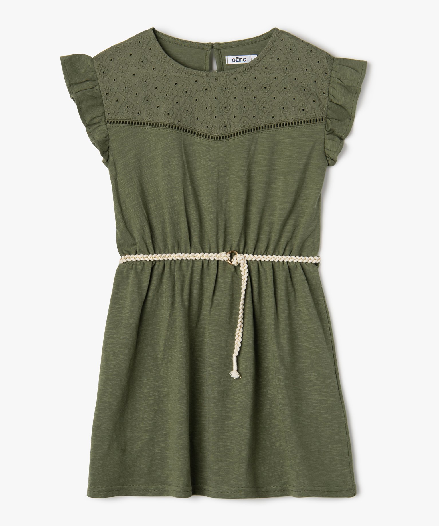 Robe fille en maille avec buste brodé et manches à volants kaki | GEMO