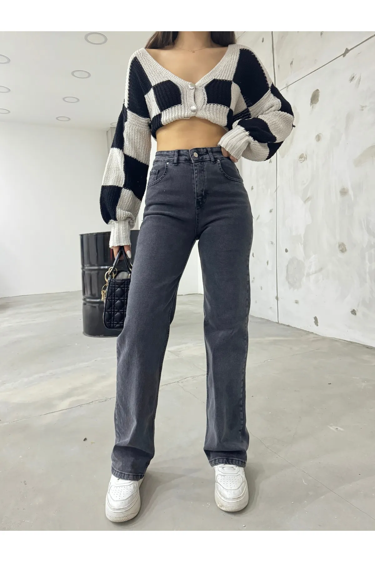 BİKELİFE  Graue Damen-Palazzo-Jeans mit hoher Taille und weitem Bein, locker und lässig