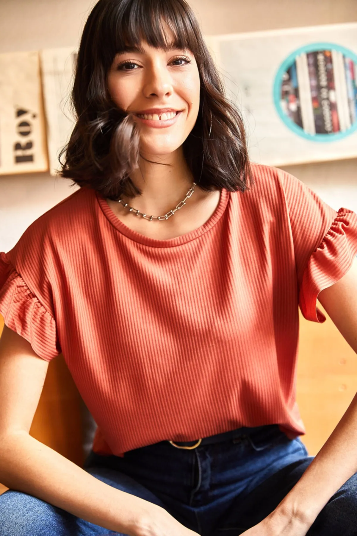 Olalook  Damen-T-Shirt mit Zwiebelschalenärmeln und Rüschen-Camisole TSH-19000417