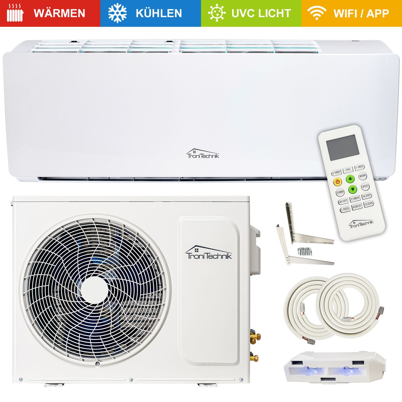 TroniTechnik Reykir Split Klimagerät Klimaanlage mit 12000 BTU, inkl. Zubehör, Wandhalterung und UV-C Reinigung