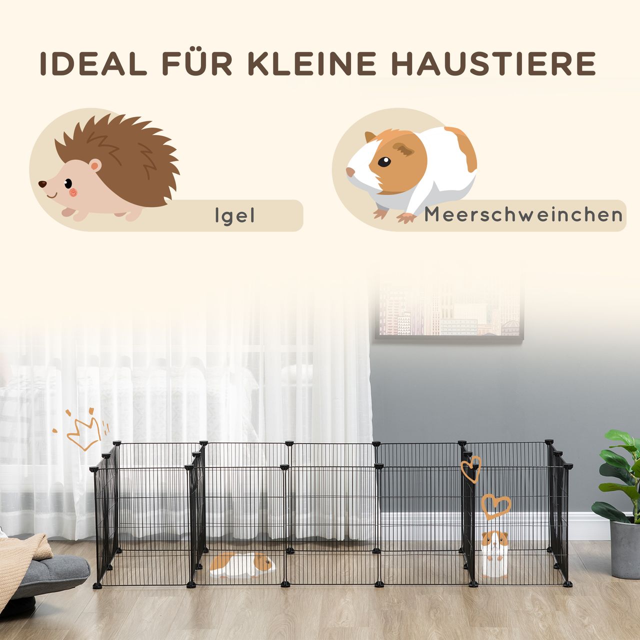 PawHut Kleintierkäfig, Meerschweinchen Gehege DIY Kleintiergehege mit 18 Platten