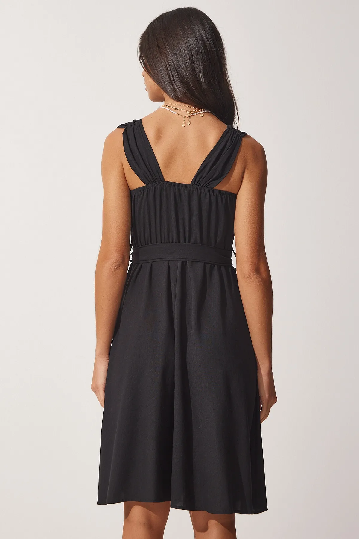 Happiness İstanbul  Schwarzes Ayrobin-Sommerkleid mit Riemen und Gürtel für Damen ZH00028