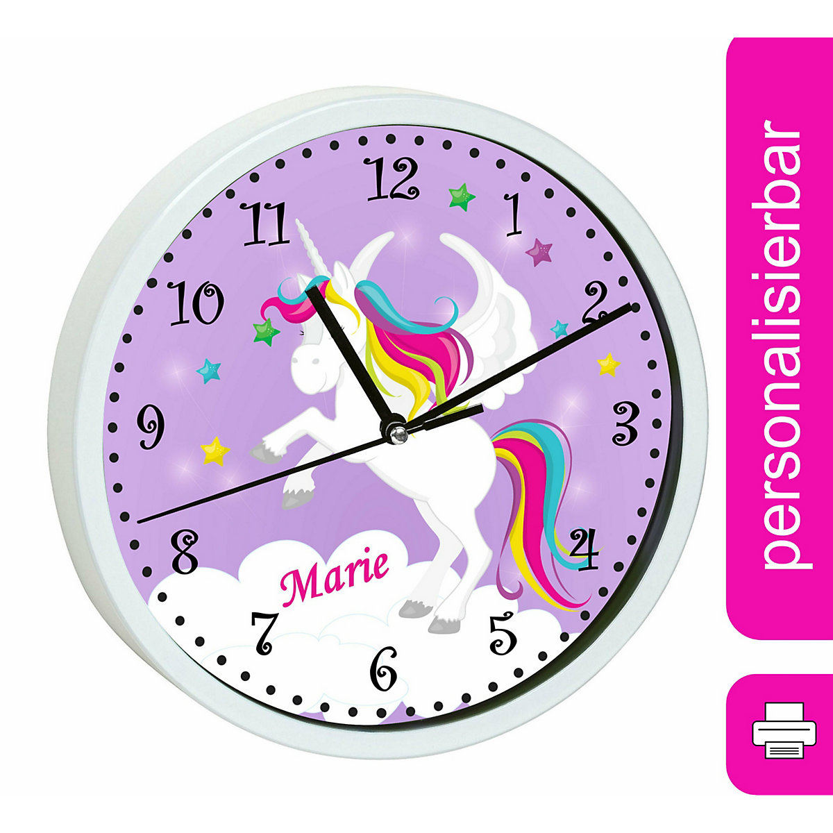 Kinder Wanduhr personalisiert mit Name Pegasus Lila