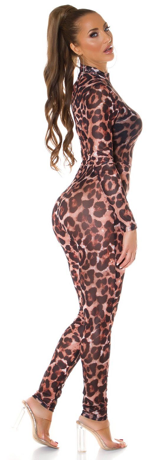 Koucla Jumpsuit Langarm Overall im Animal-Look, Damen Catsuit
