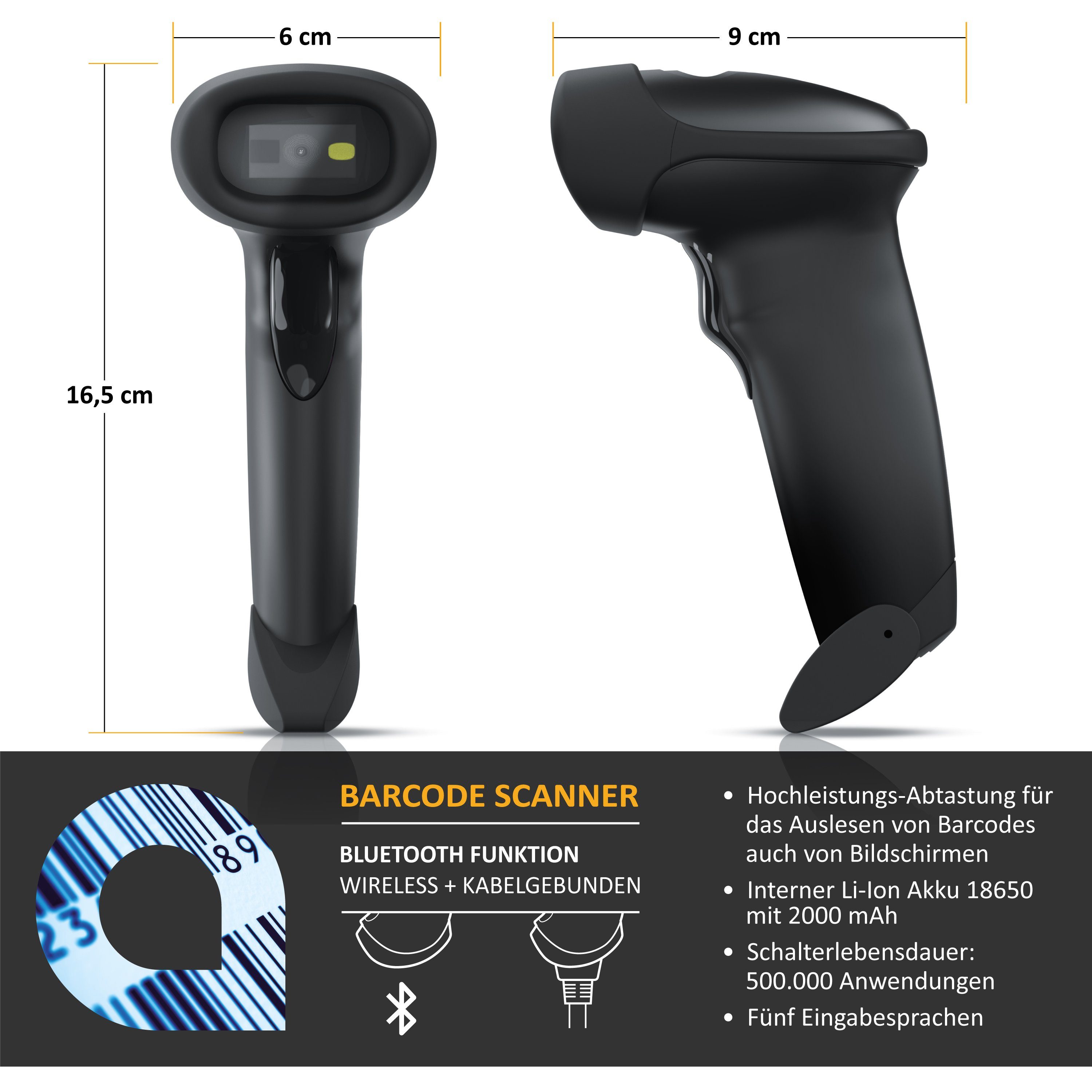 Aplic Handscanner, (Bluetooth Barcode Scanner. Barcodescanner kabellos inkl. Standfuß)