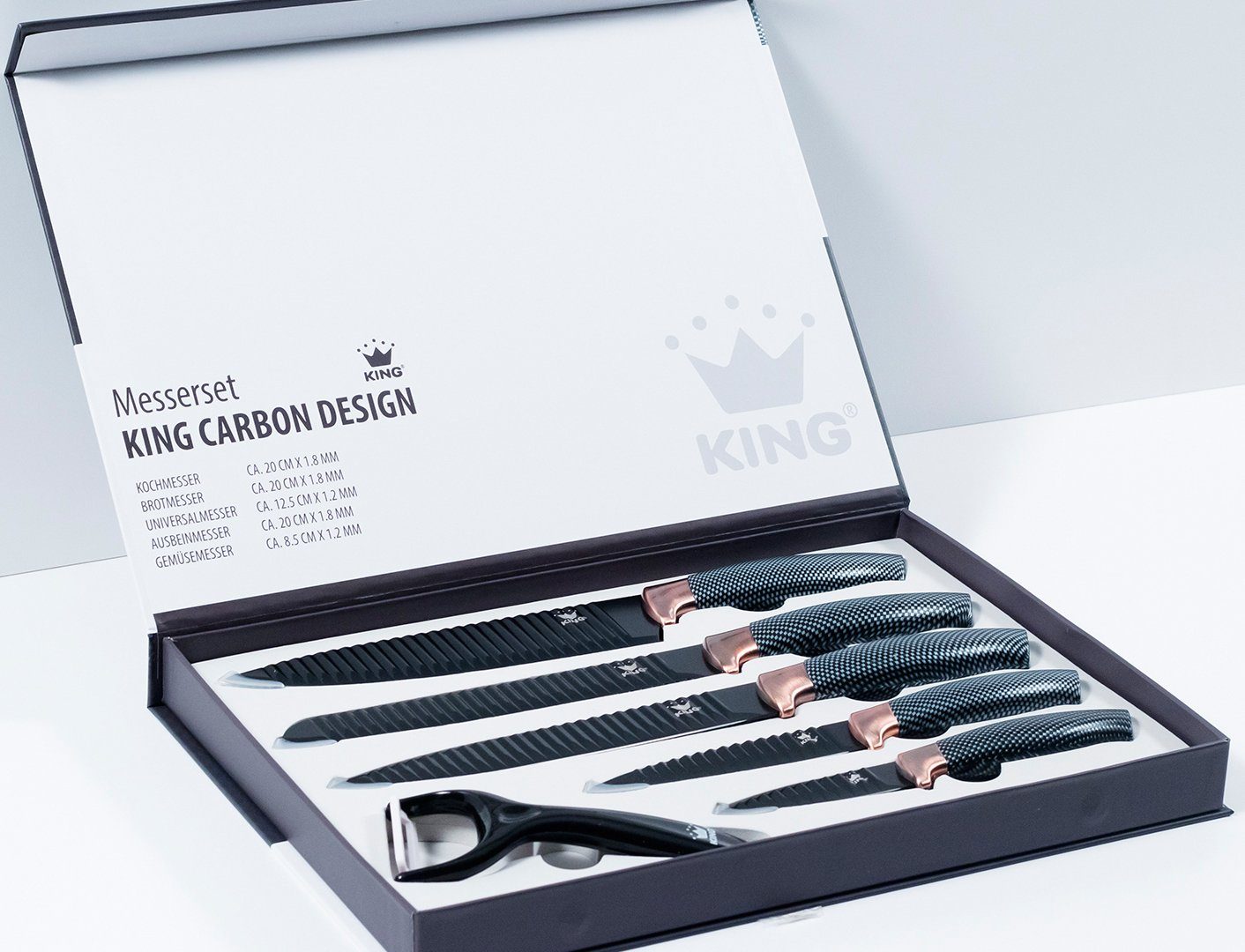 KING Messer-Set Carbon Design (6-tlg), (5 Messer), incl. Sparschäler, Wellenschliff