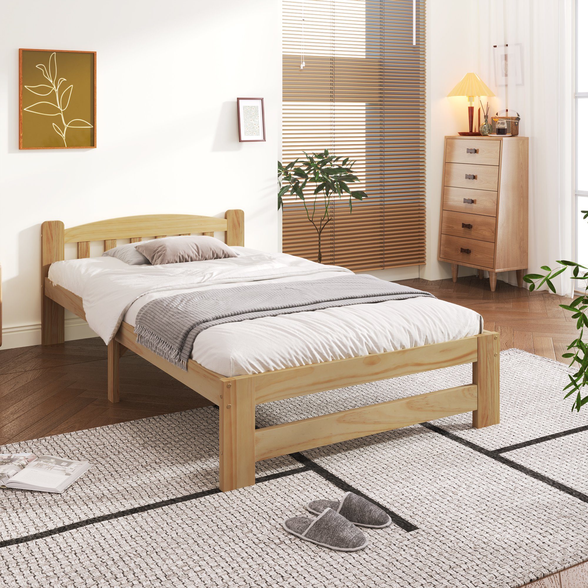 REDOM Massivholzbett Futonbett, Doppelbett Funktionsbett, Gästebett Holzbett (mit Kopfteil und Lattenroste, Jugendbett, Erwachsenenbet 90x200 cm, Massivholz Natur Bett), ohne Matratze