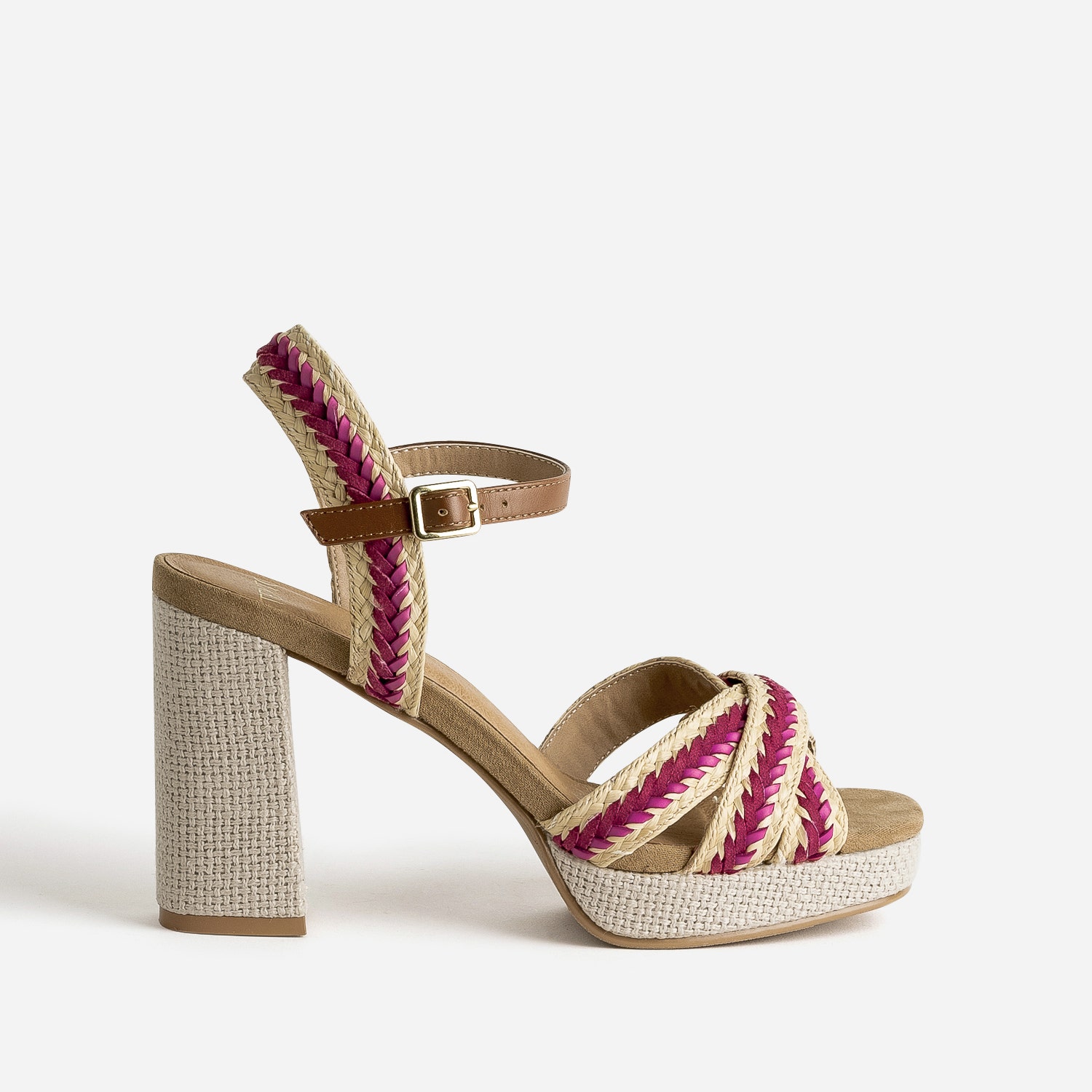 Sandale plateforme TEXTO beige tressée rouge et rose