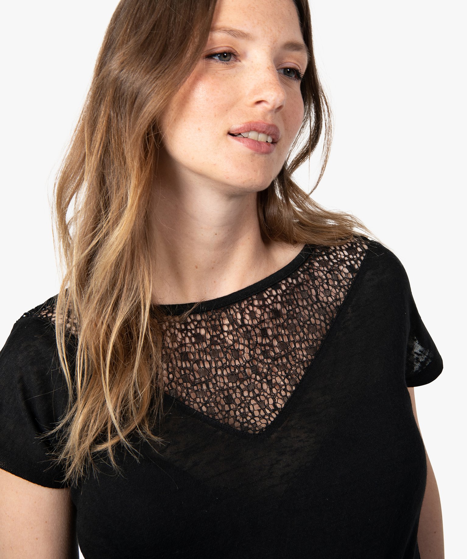 Tee-shirt de grossesse en maille fine avec encolure en dentelle noir | GEMO