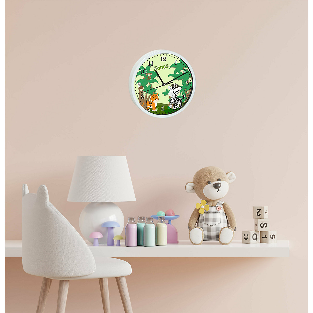 Kinder Wanduhr personalisiert mit Name Safari-Zebra