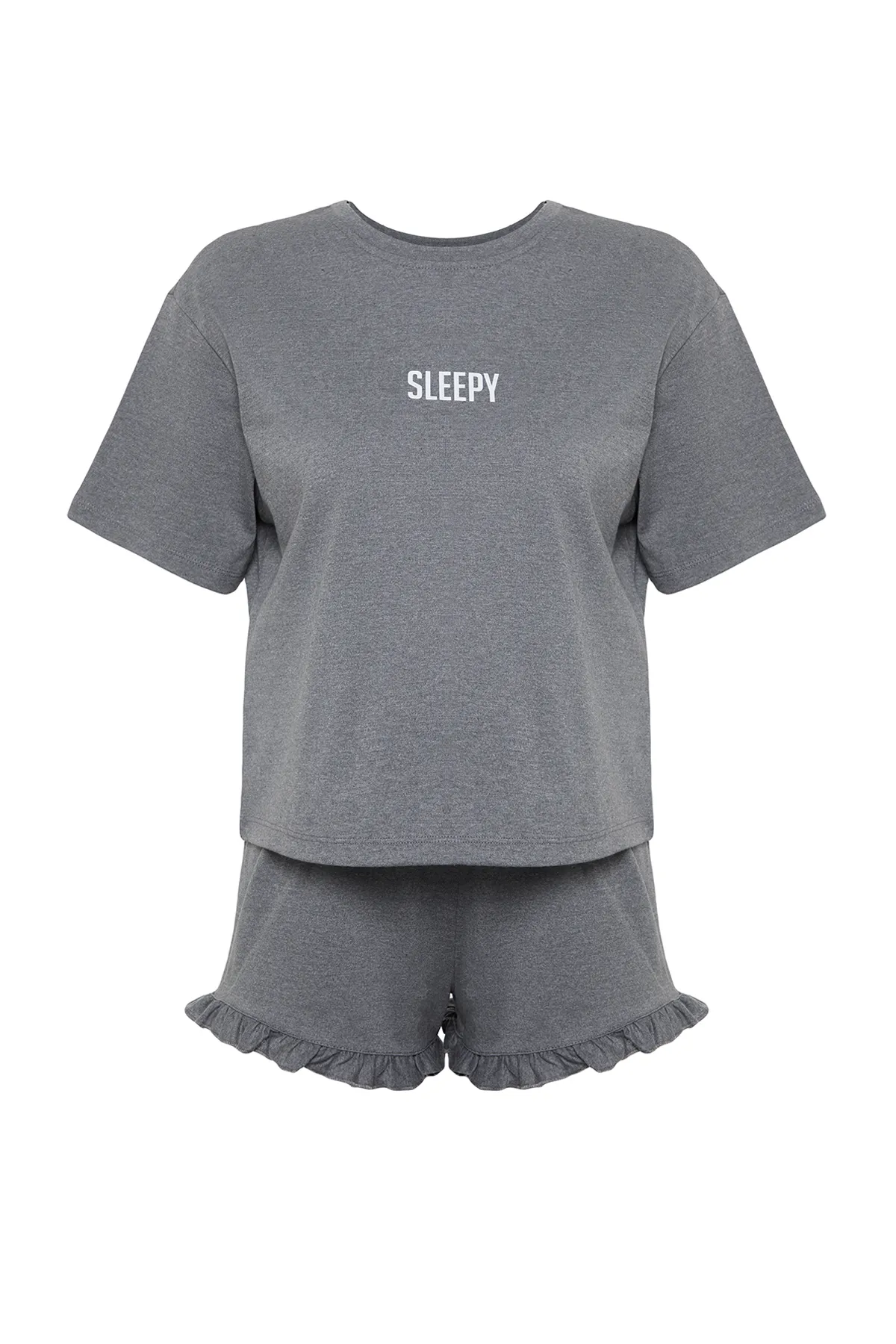 Trendyol Collection  Anthrazitfarbenes Melange-Baumwoll-Slogan-bedrucktes, detailliertes Strick-Pyjama-Set mit Rüschen THMSS24PT00114