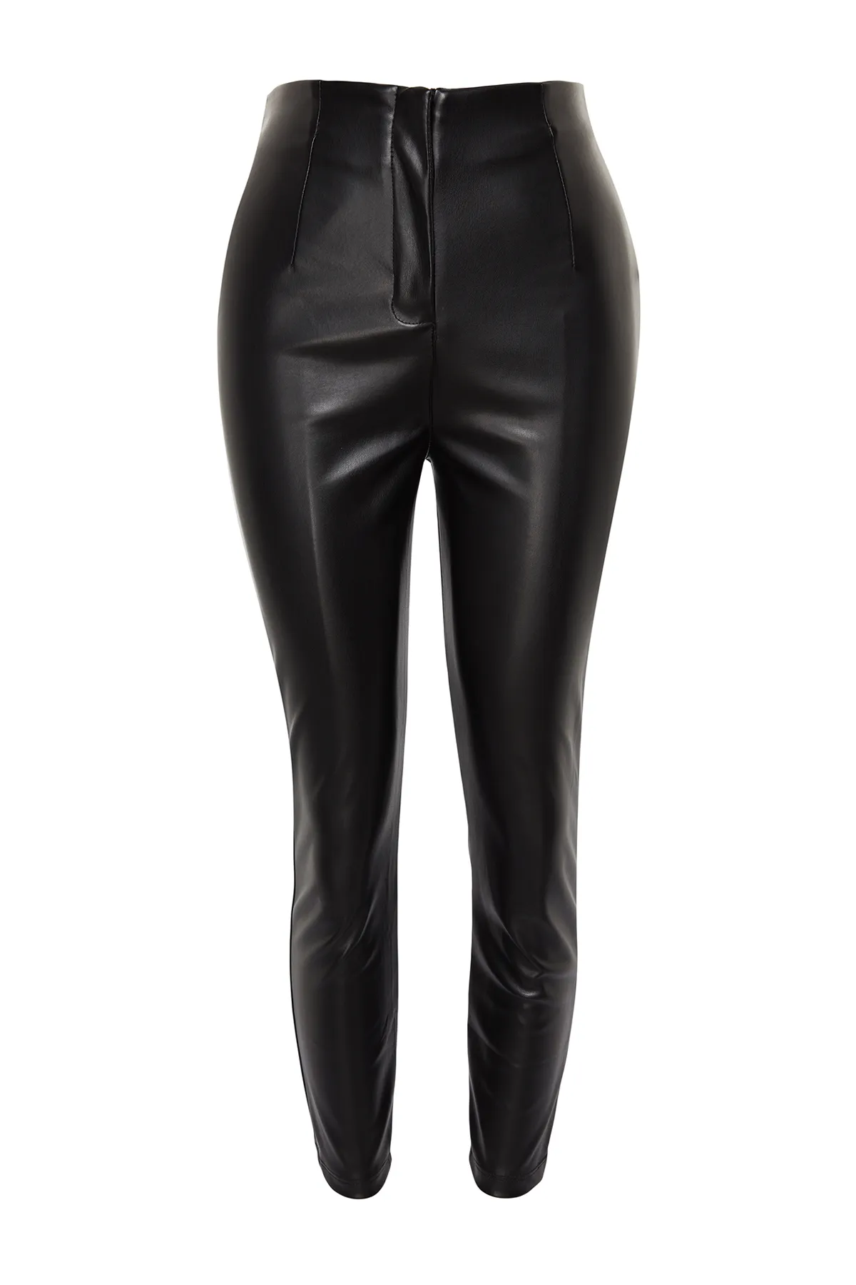 Trendyol Collection  Schwarze Strickhose aus Kunstleder mit hohem Bund und Abnähern TWOAW24PL00108