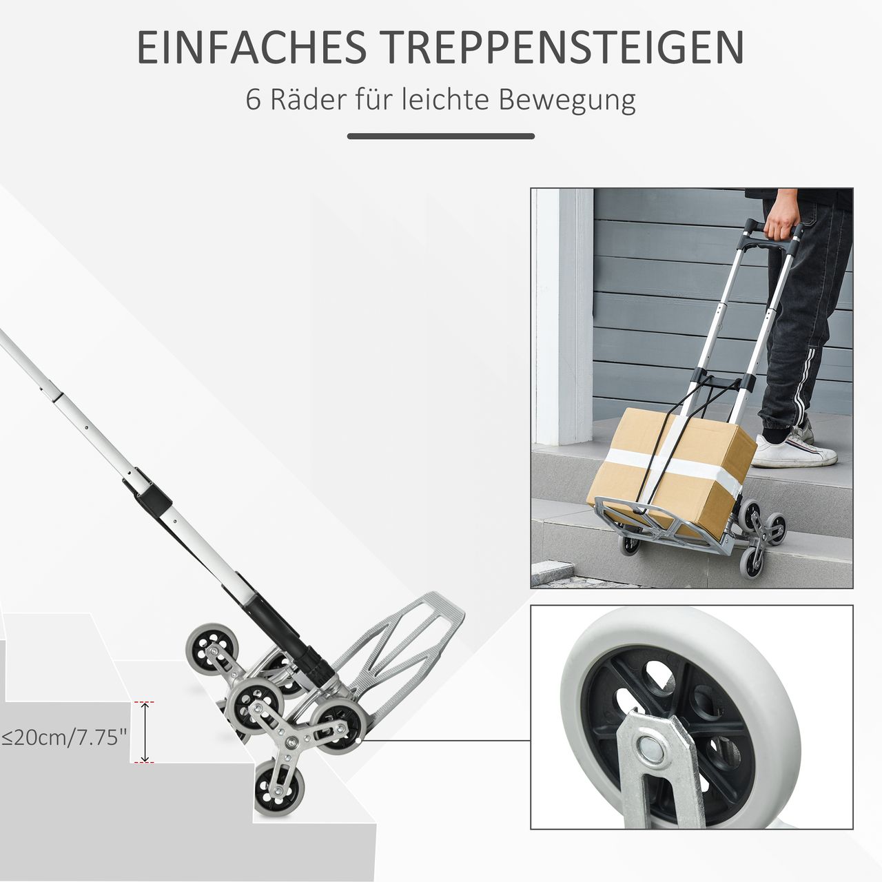 DURHAND Transportkarre mit 6-Rollen, Alu Treppensteiger, Faltbar, max. 70 kg
