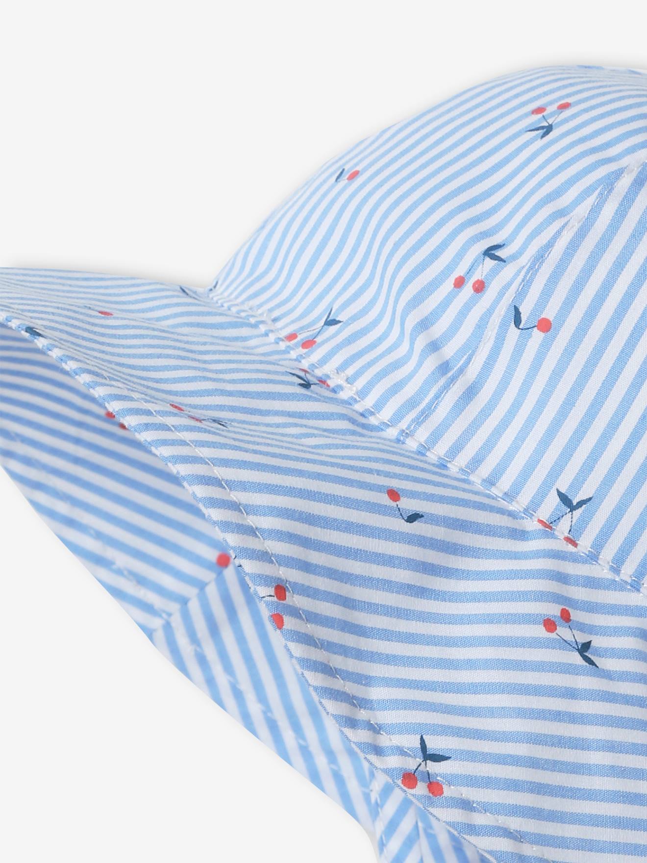 Chapeau rayé et imprimé cerises bébé fille bleu ciel