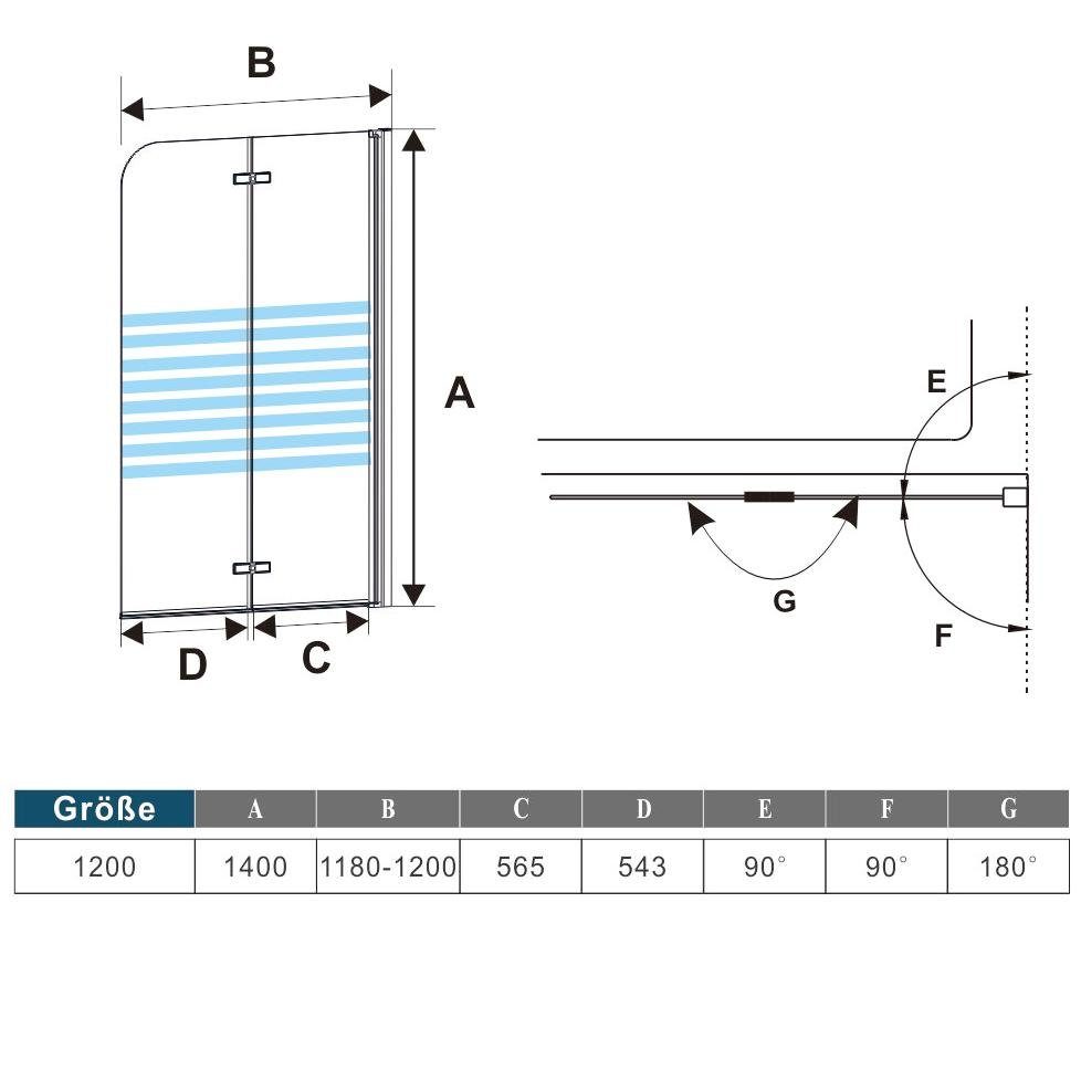 duschspa Badewannenaufsatz Faltwand Badewannenaufsatz mit weißen Streifen Glaswand auf Badewanne, Einscheibensicherheitsglas, Sicherheitsglas, (Set), Breite 120cm, Höhe 140cm, Glas