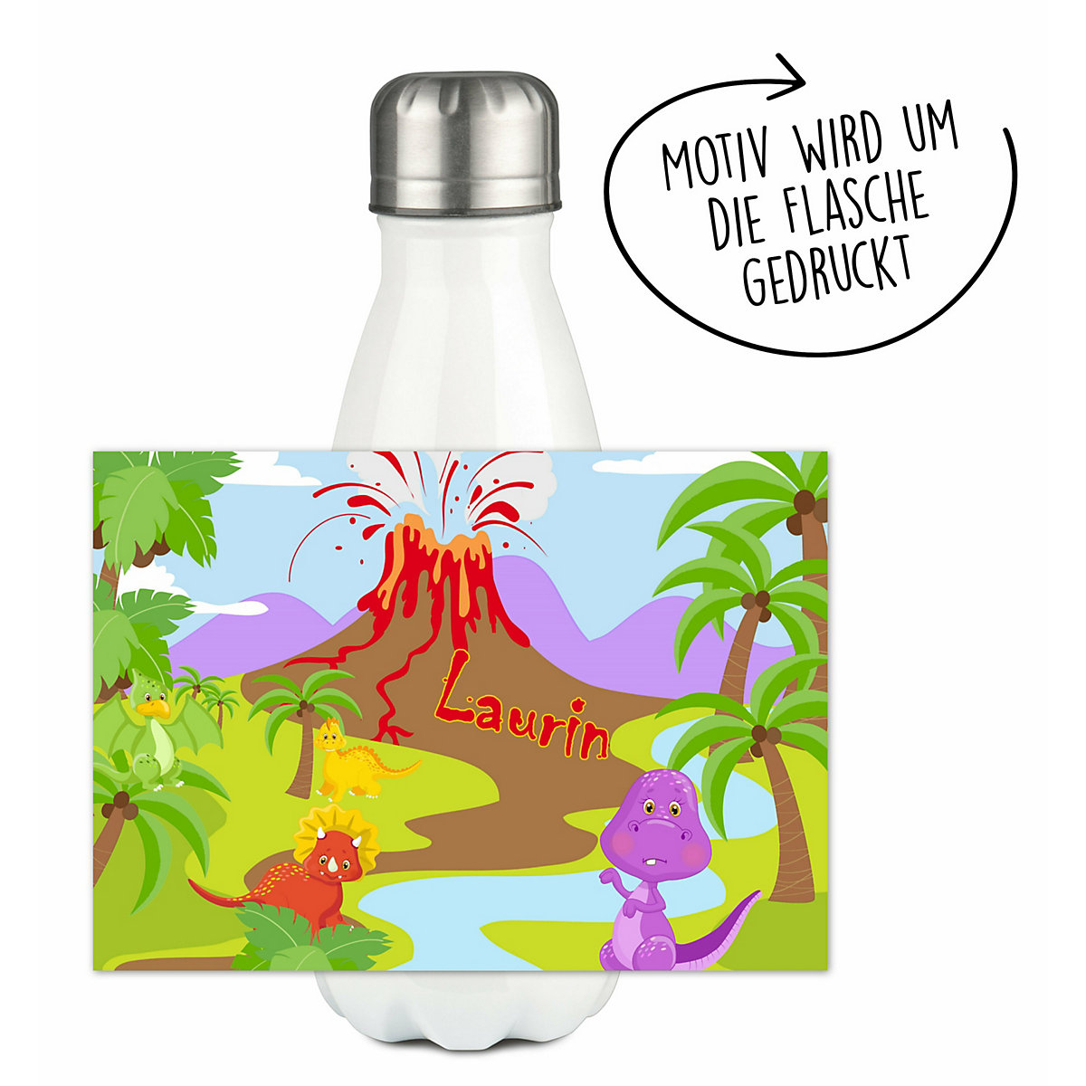 Edelstahl Kinder Thermoflasche / Trinkflasche bunt Dino Spülmaschinenfest, Auslaufsicher, Bruchfest, Doppelwandig, Für Heißgetränke geeignet, Mit Deckel, Isoliert
