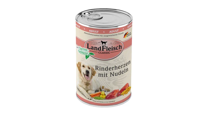 LandFleisch Classic Hundenassfutter Rinderherzen mit Nudeln mit Gartengemüse 400 g