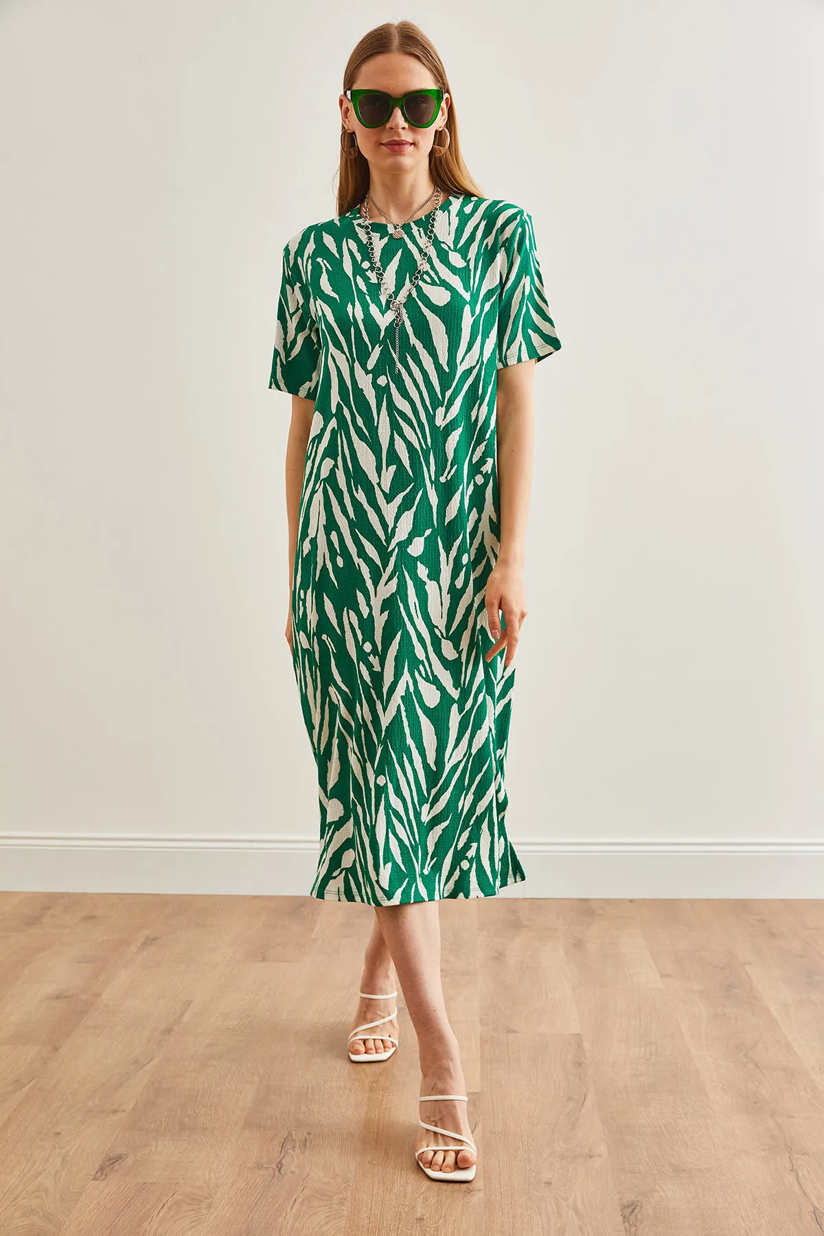 Olalook  Blatt Smaragdgrün Oversize Baumwolle Damen Kleid - Seitenschlitz ELB-19001880