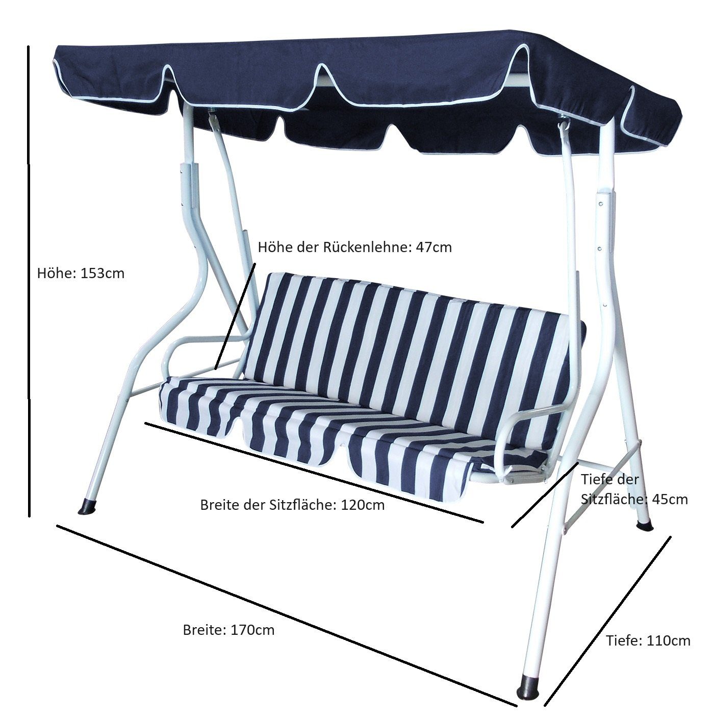 DEGAMO Hollywoodschaukel Florida, 3,00-Sitzer, 3-sitzer, Stahlgestell weiss, Bezüge blau/weiss