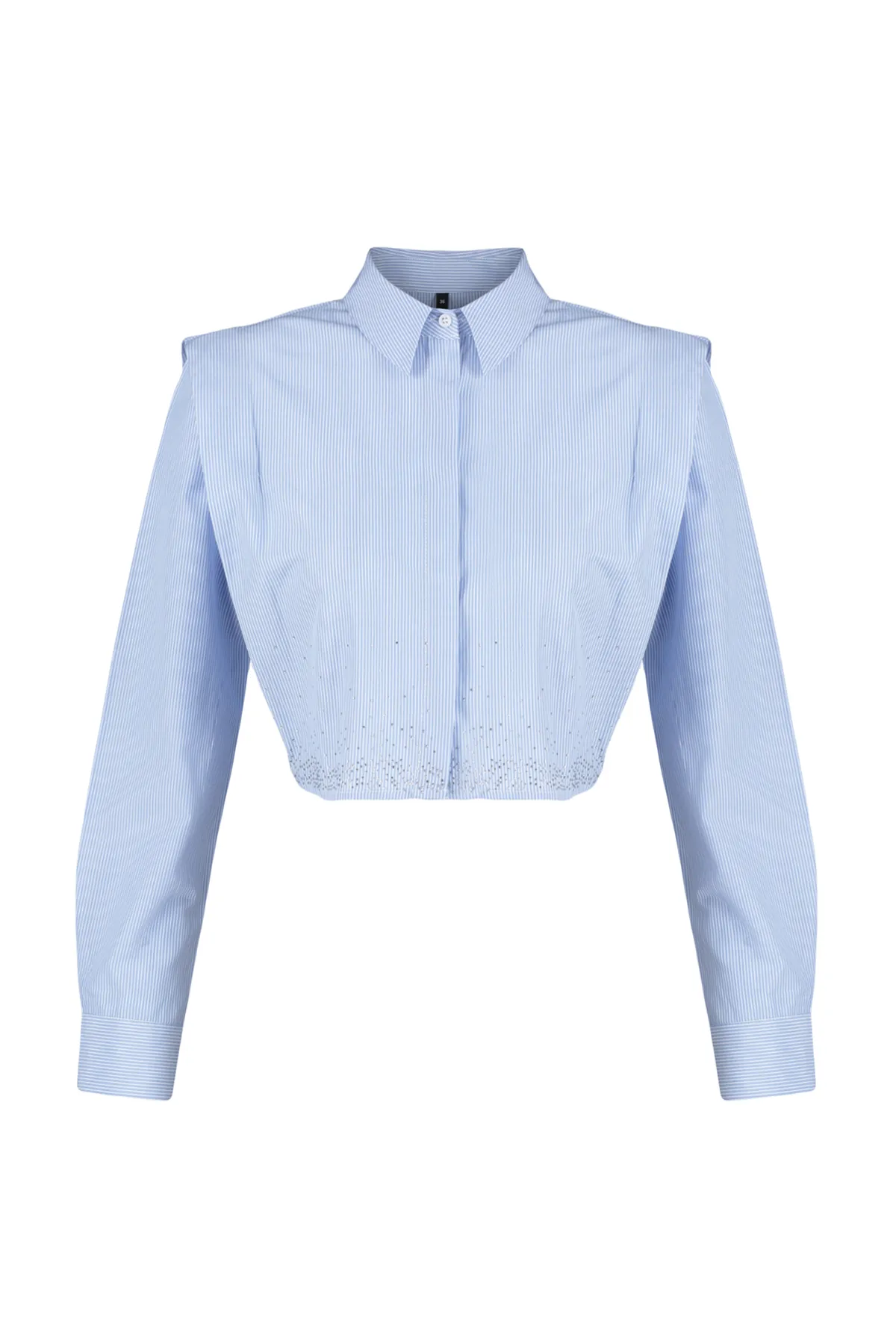 Trendyol Collection  Blaues Stoned Crop Woven-Hemd mit gepolsterten Ärmeln TWOSS24GO00041
