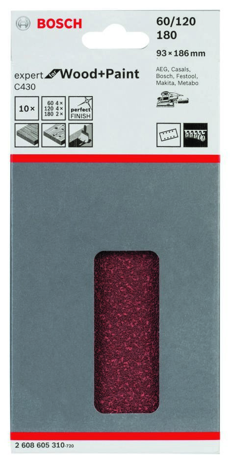 „Bosch Blue Accessories 2608605310“ šlifavimo popierius C430 Expert medienai ir dažams, 93 x 186 mm, grūdėtumas 60/120/180, iš viso 10 vnt.