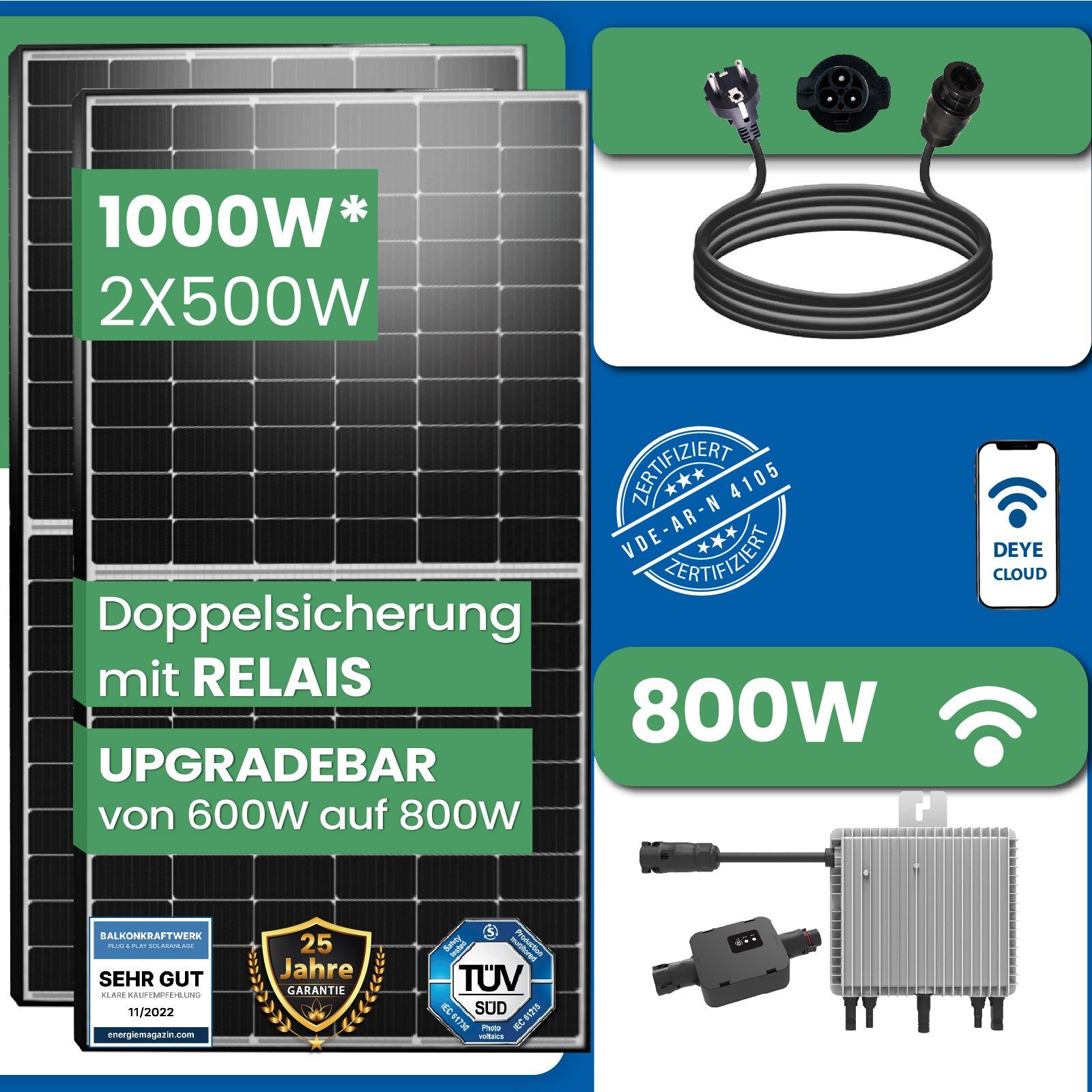 EPP.Solar Solaranlage Balkonkraftwerk 1000/ 800 Watt Photovoltaik Mini-PV Anlage, Monokristallin, (DEYE WLAN Wechselrichter 600W Upgradebar auf 800W, Balkon Mini-PV Anlage, genehmigungsfrei Solarpanel Solarmodul, Antireflexbeschichtung, Wasserdichtig