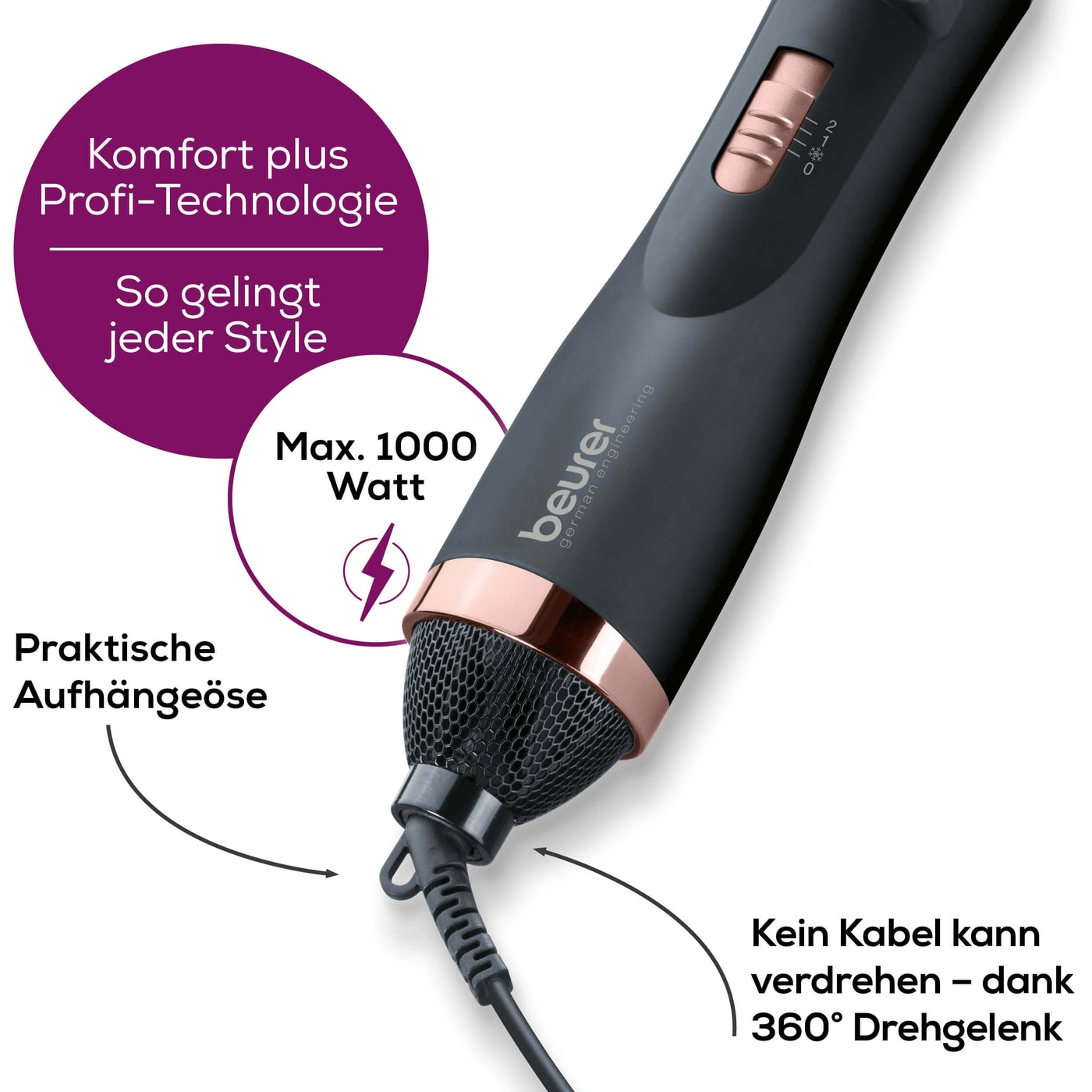 Beurer Rotierende Warmluftbürste - HT 80-Rotierende Ionen Föhnbürste mit 2 Aufsätzen für Volumen, Schwung & Locken