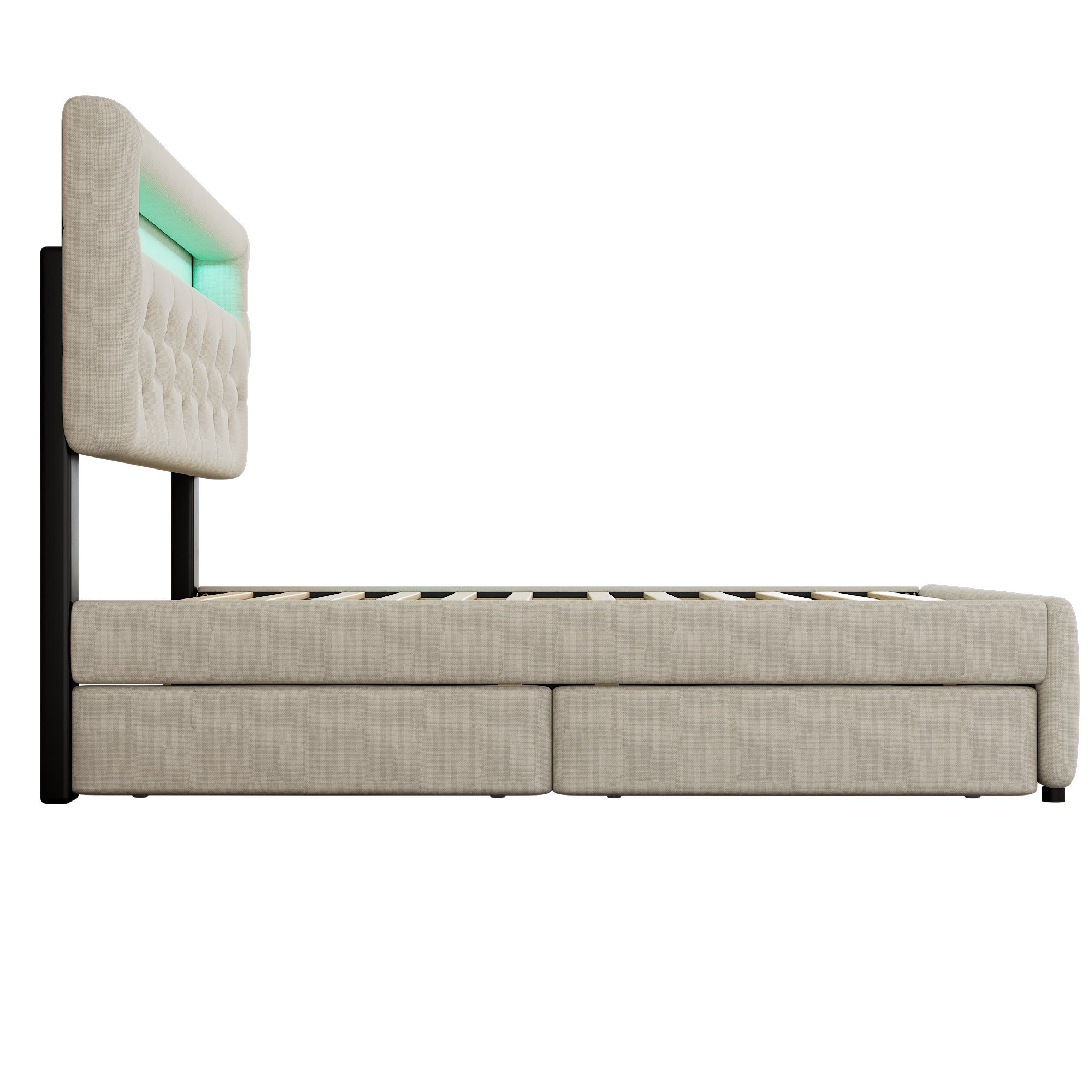 Flieks Polsterbett, LED Doppelbett 140x200cm mit 2 Schubladen, Ausziehbett 90x190cm Leinen