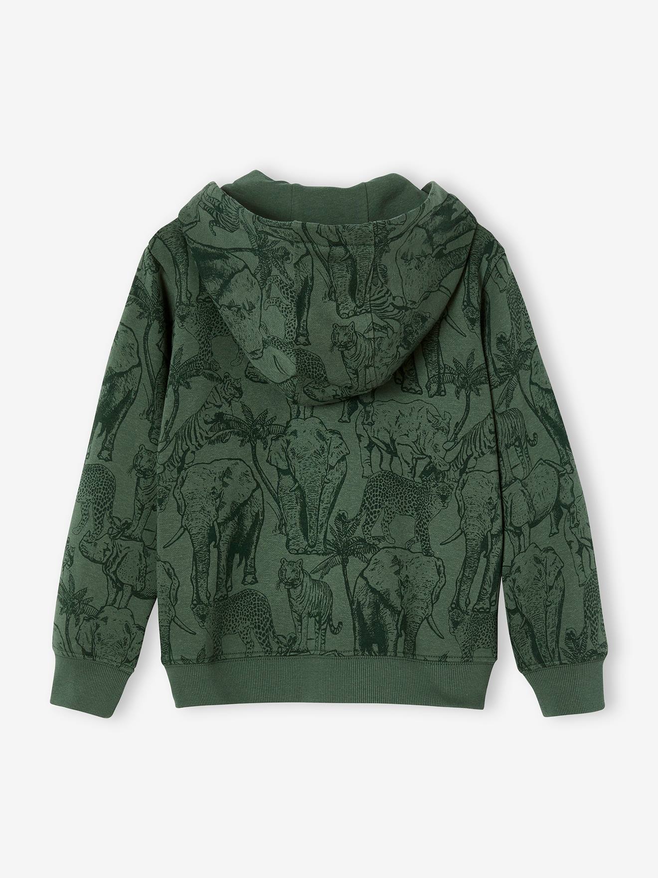 Sweat à capuche zippé motifs jungle garçon vert sauge
