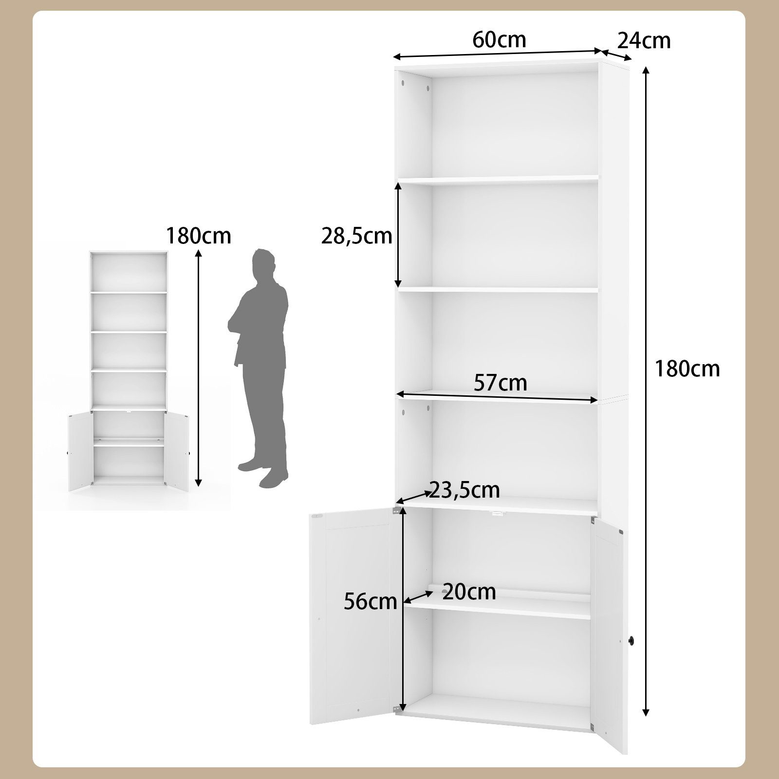 COSTWAY Bücherregal, 180cm Bücherschrank mit Türen & 4 offenen Fächern