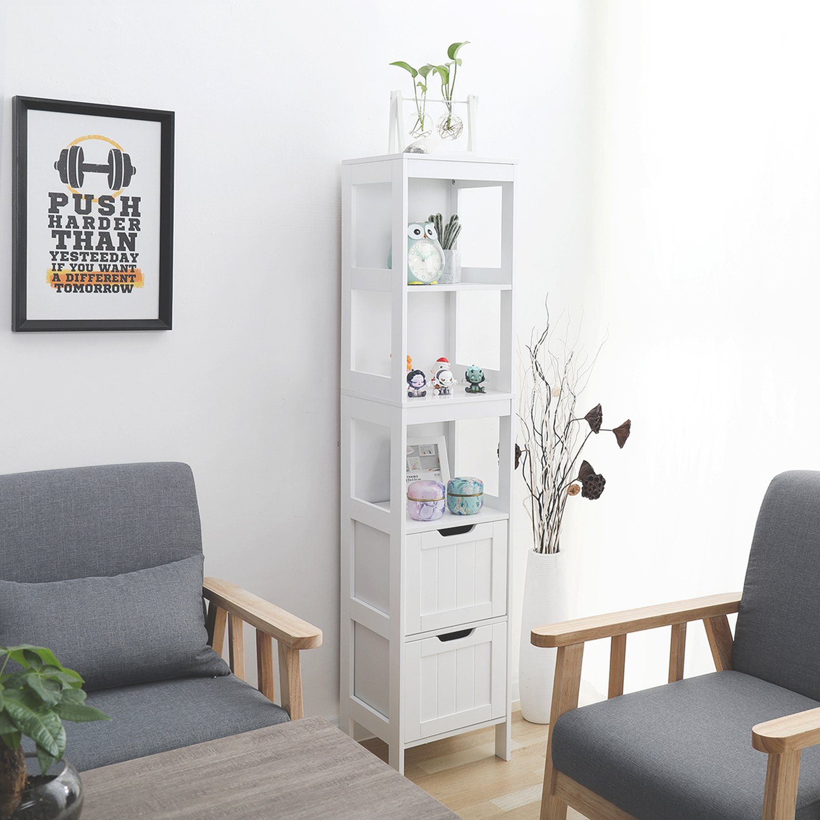 Mondeer Badkommode Badezimmerschrank, Hochschrank, Badschrank, mit 2 Schubladen und 3 offenen Regal