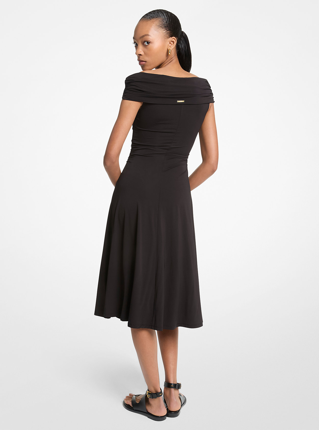 Stretch Viscose Off-The-Shoulder Midi Dress - BLACK