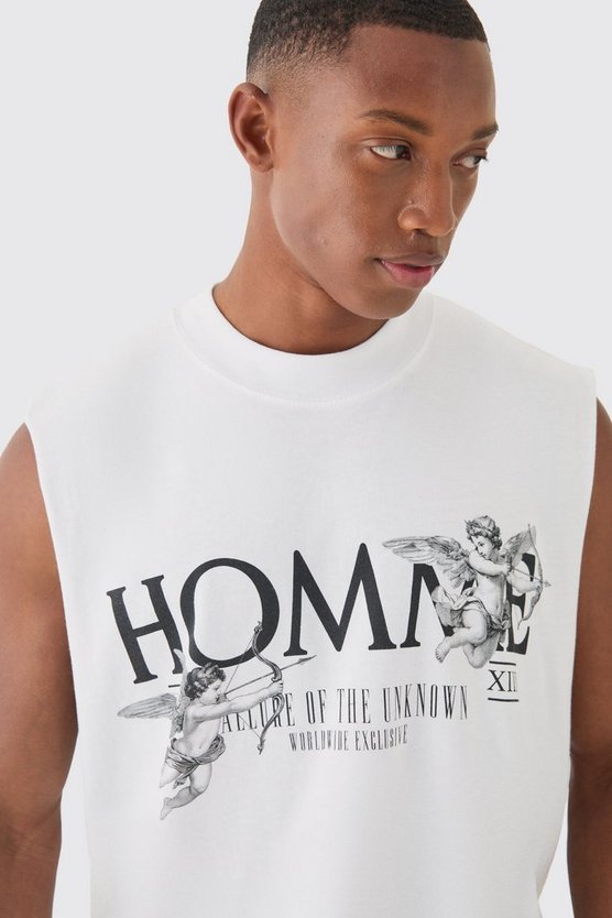 Kastiges zerrissenes Oversize Tanktop mit Homme Renaissance-Print