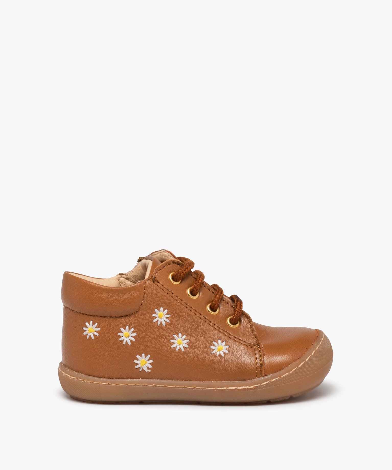 Bottillons premiers pas bébé fille dessus cuir à fleurs – NA!
