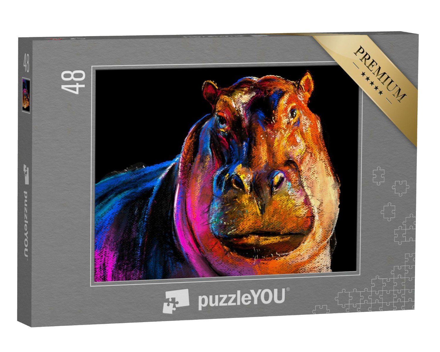 puzzleYOU Puzzle Pastellmalerei: Ein Nilpferd, 48 Puzzleteile, puzzleYOU-Kollektionen Nilpferde, Tiere in Savanne & Wüste