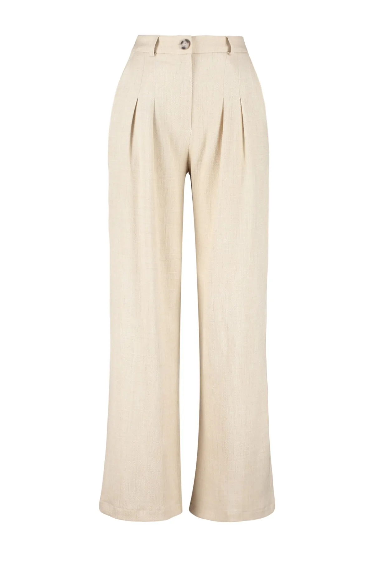 Trendyol Collection  Ecrufarbene, gewebte Hose in Leinenoptik mit weitem Bein TWOSS23PL00269