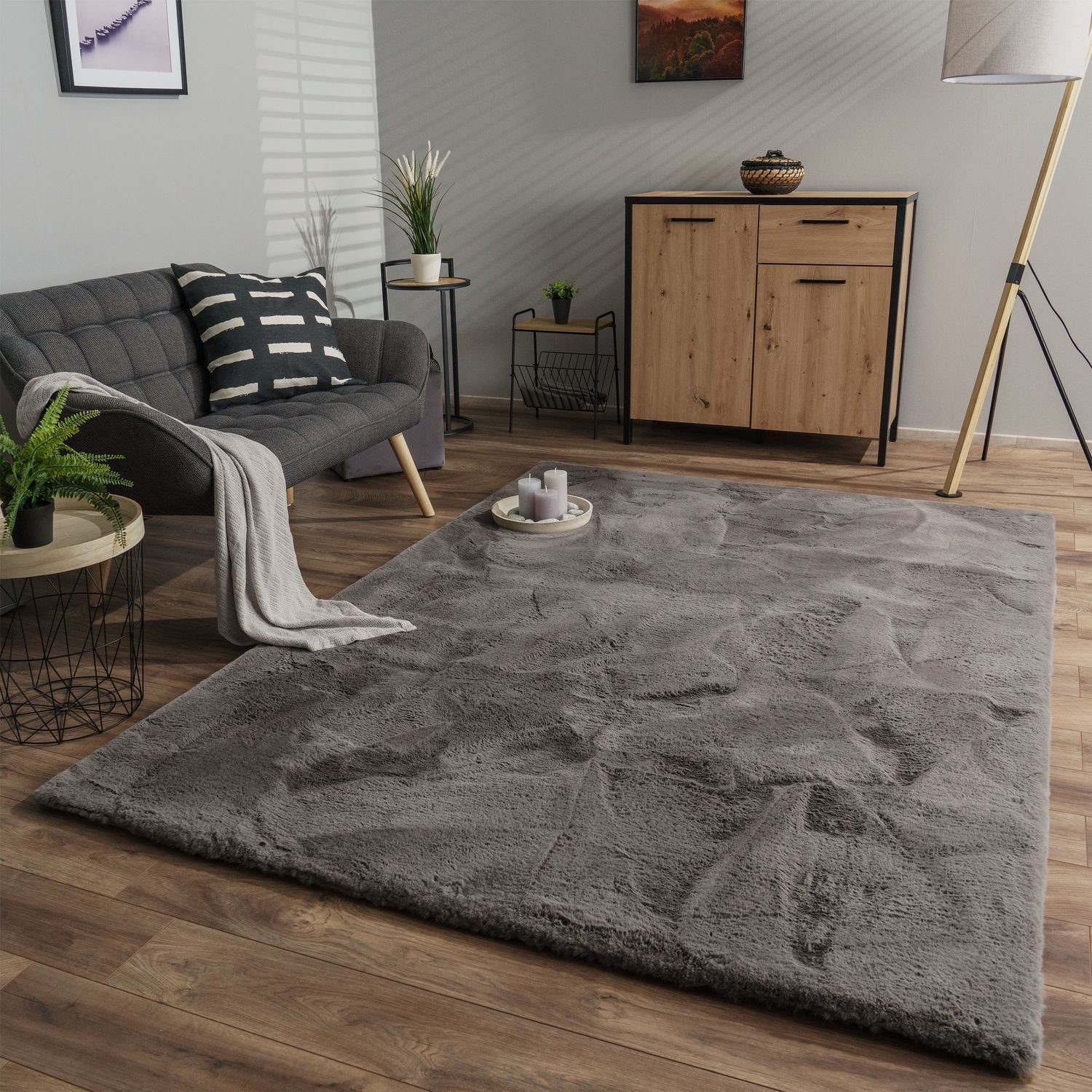 Hochflor-Teppich Wohnzimmer Hochflor Teppich Langflor Soft Kaninchenfell, TT Home, rechteckig, Höhe: 39 mm