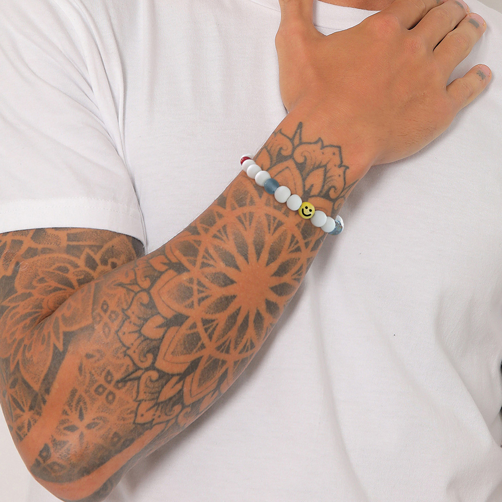 KUZZOI KUZZOI Bracelet Hommes Emoji Smile Beads avec des perles de résine en argent ster Bracelet