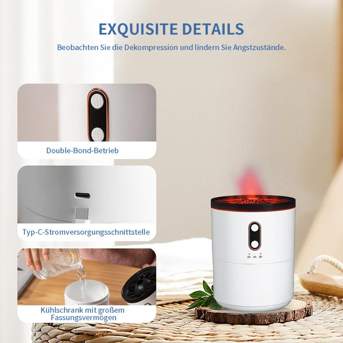 götäzer Luftbefeuchter Vulkan-Luftbefeuchter, Aromatherapie-Diffusor für zu Hause (450 ml), 2 Farben und 2 Nebelmodi, automatische Abschaltung ohne Wasser