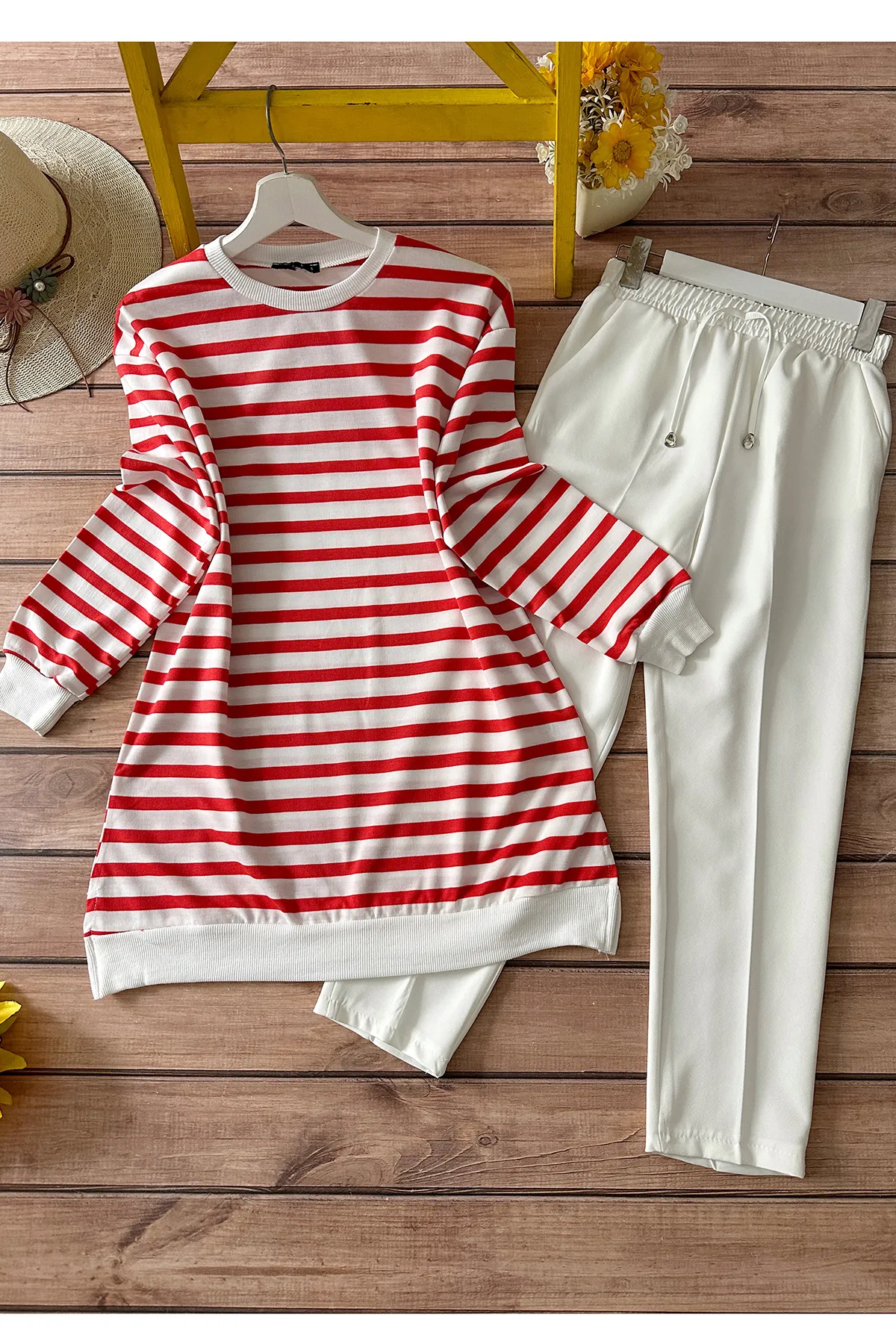 MODAQU  Kombi-Set aus Tunika und Hose mit Streifen - Orange