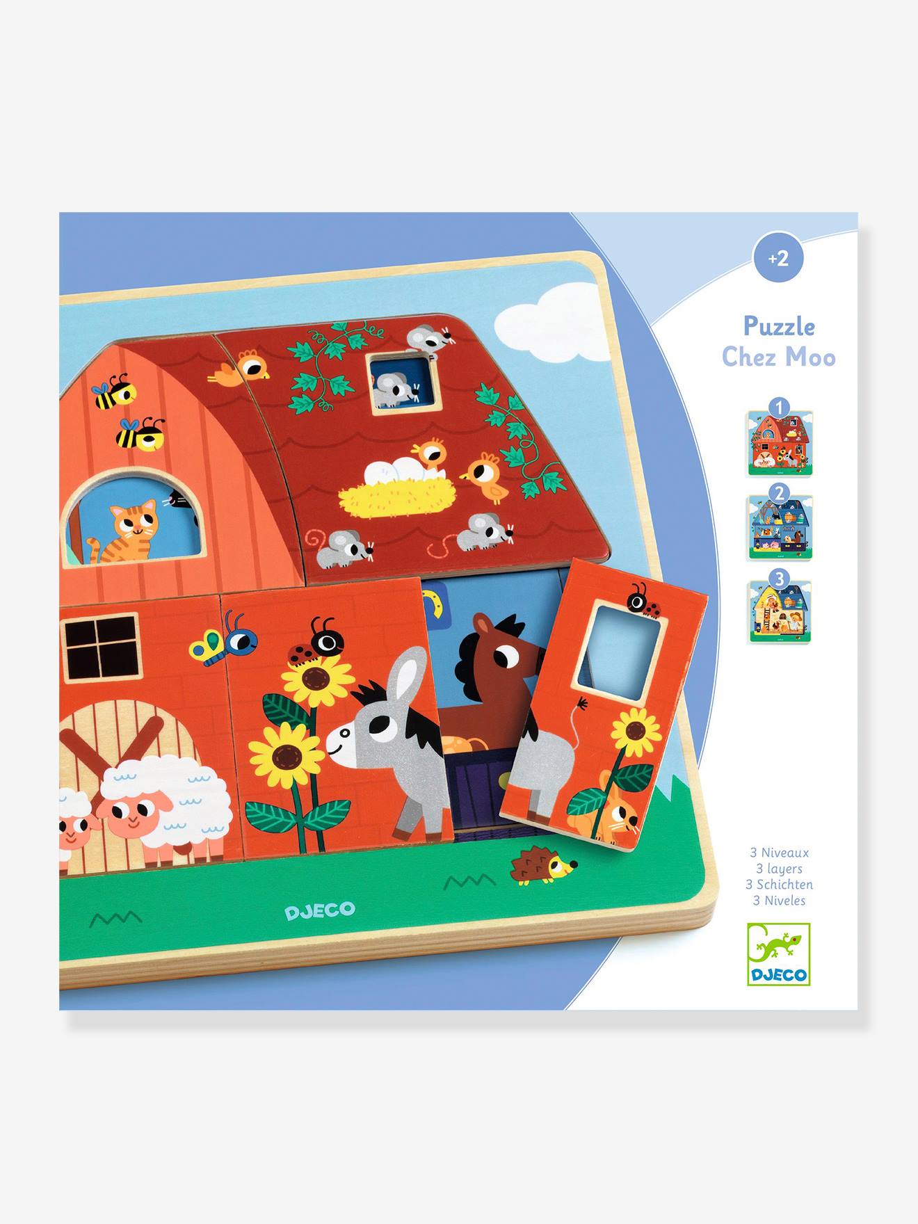 Puzzle 3 niveaux Chez Moo DJECO bleu