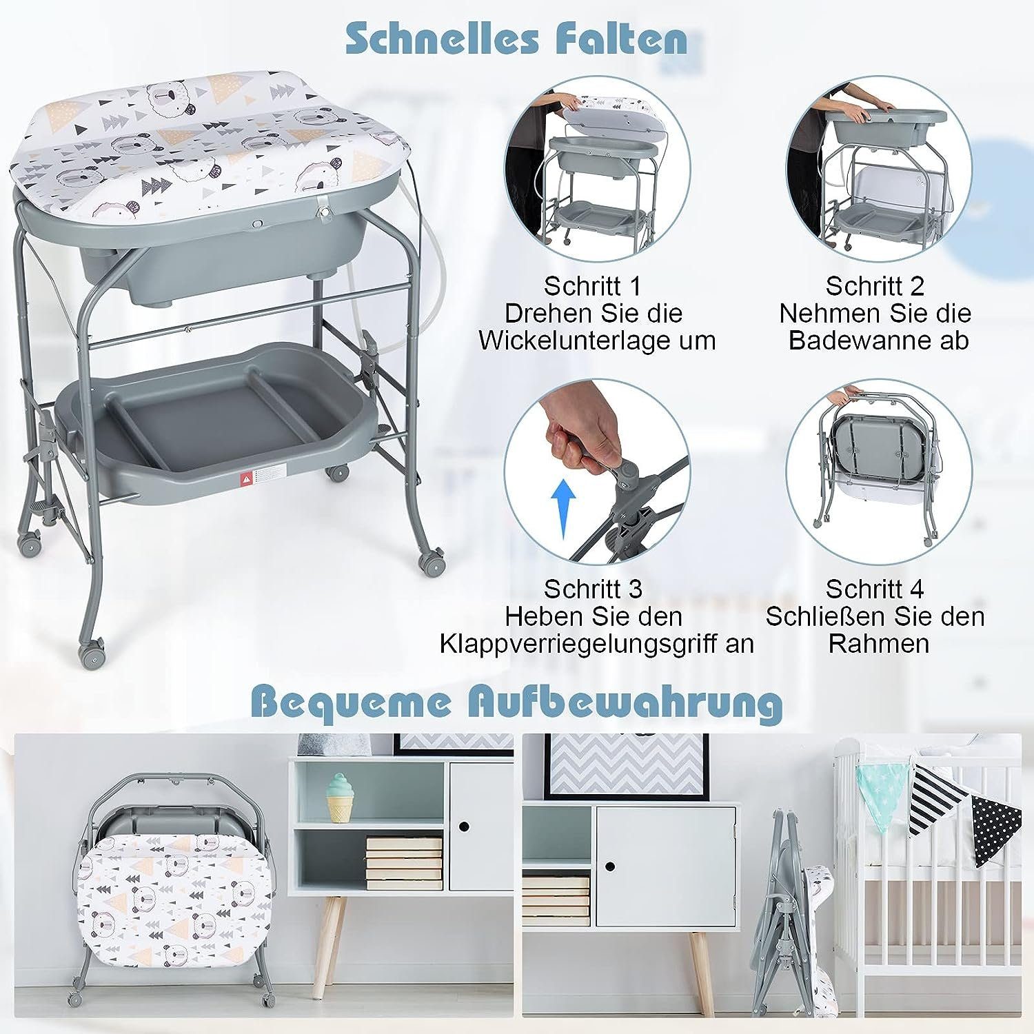 KOMFOTTEU Badewanne Baby-Badetisch, mit Rollen aus PP, für 0-12 Monaten