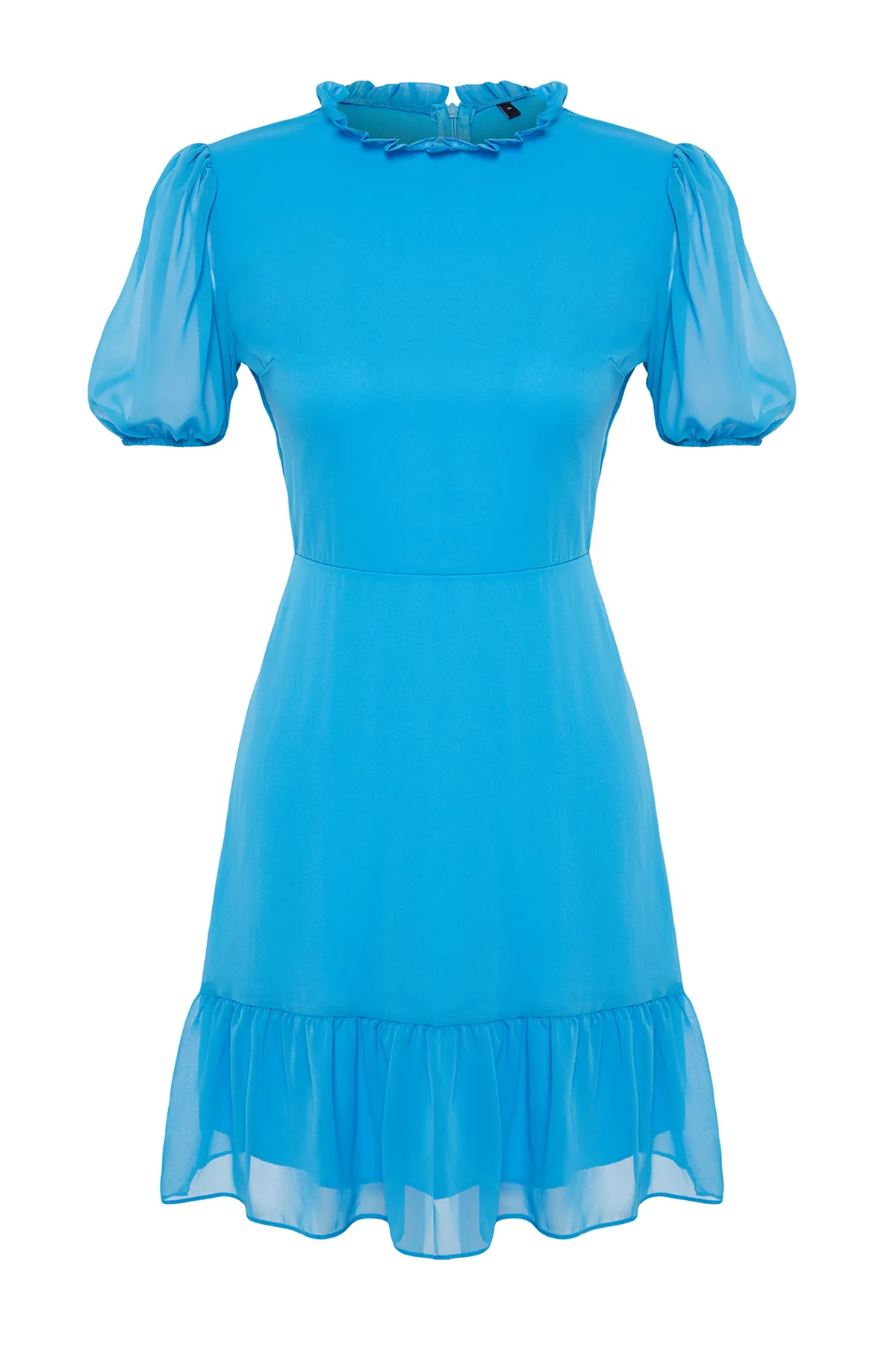 Trendyol Collection  Blaues, gerade geschnittenes Rock-Volant-Mini-Chiffon-gefüttertes Webkleid TWOSS23EL00520