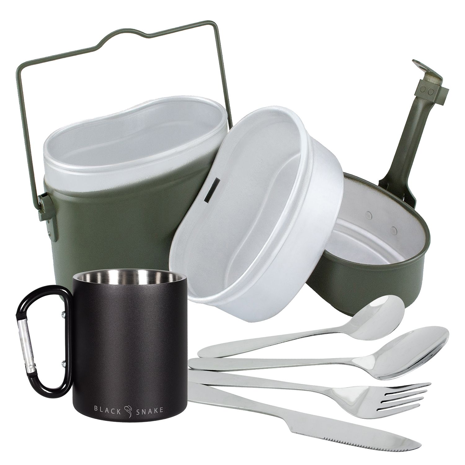 Black Snake Kochgeschirr mit Stahl Essbesteck und Tasse