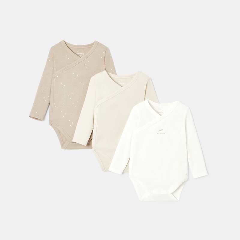 Lot de 3 bodies cœur croisé à manches longues en coton bio beige naissance Absorba